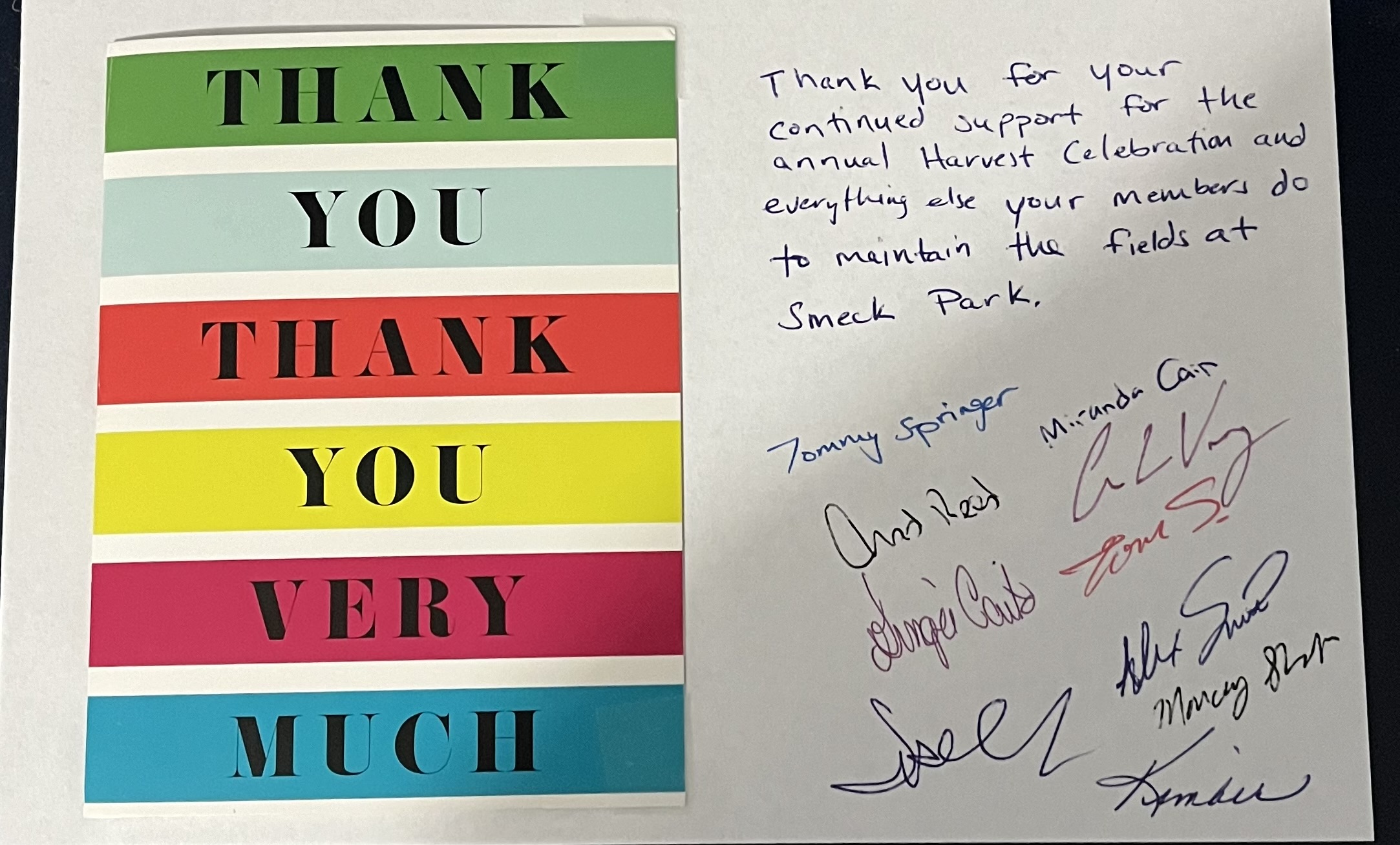 Handwritten thank you card from Fairfield County Parks staff thanking the club for maintaining the fields at Smeck Park